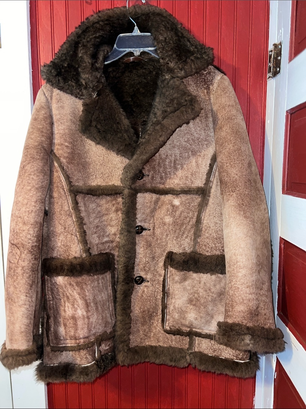 Schott NYC Brown Shearling-Trim Suede Pea Coat
